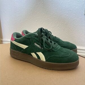 Reebok Green Suede Sneakers with Pink Collar and White Stripes